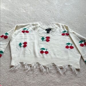 Just Polly Cherry Pattern Fringed Cropped Sweater